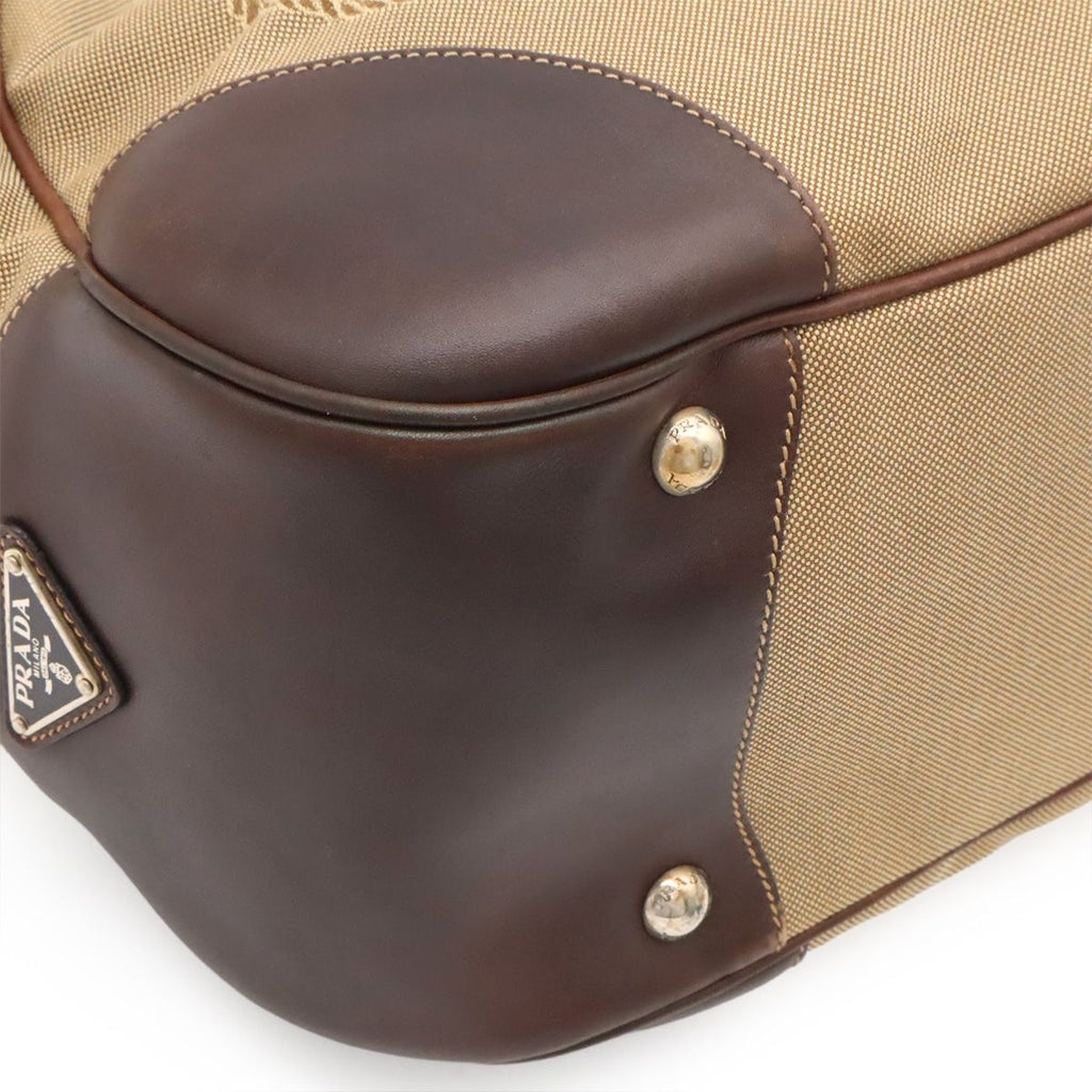 Prada Logo Jacquard Shoulder Bag Drawstring Canvas Leather Khaki Beige Dark — view 3