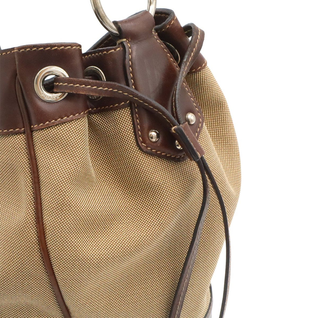 Prada Logo Jacquard Shoulder Bag Drawstring Canvas Leather Khaki Beige Dark — view 5
