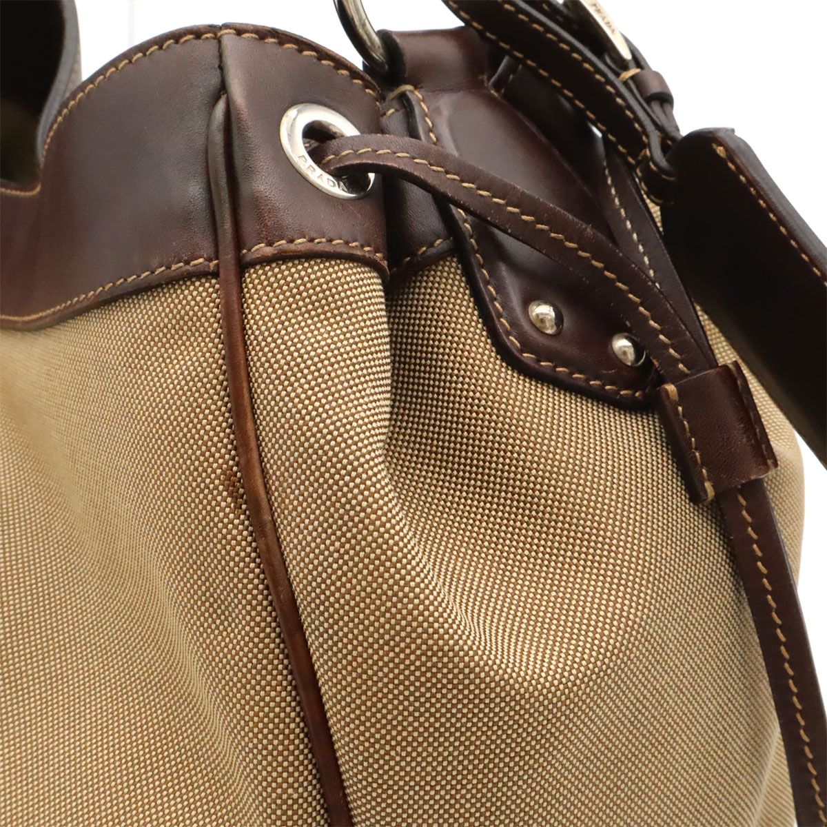Prada Logo Jacquard Shoulder Bag Drawstring Canvas Leather Khaki Beige Dark — view 7