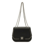 Chanel CC Logo Chain Shoulder Bag Pochette Turnlock Leather Black Silver