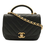 Chanel V-stitch CC Logo Top Handle 2-Way Chain Shoulder Bag Black Gold