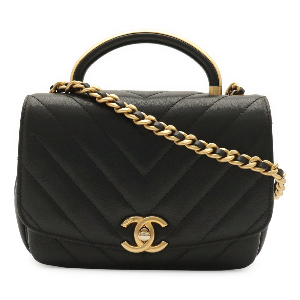 Chanel V-stitch CC Logo Top Handle 2-Way Chain Shoulder Bag Black Gold