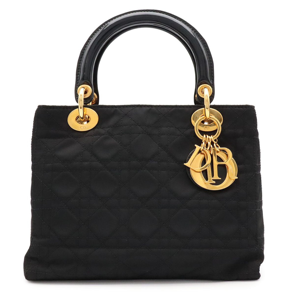 Dior Lady Cannage Tote Bag Nylon Leather Black Gold