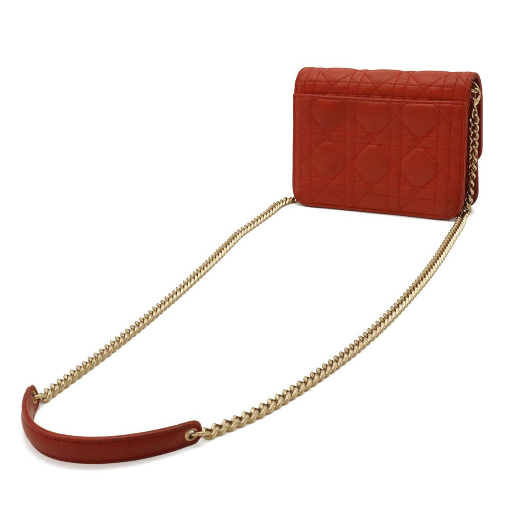 Dior Cannage Pochette Mini Shoulder Bag Chain Leather Red Gold — view 2