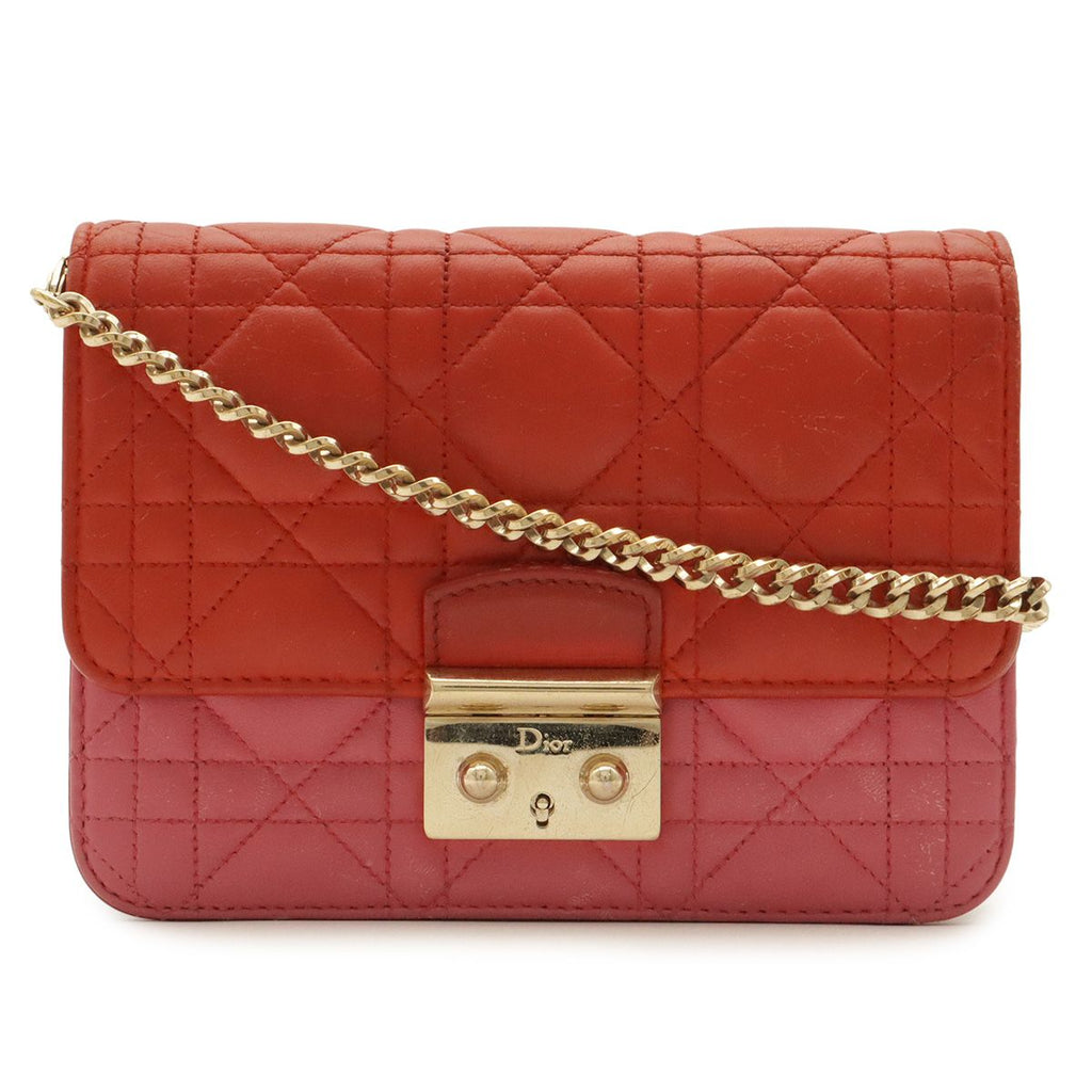 Dior Cannage Pochette Mini Shoulder Bag Chain Leather Red Gold