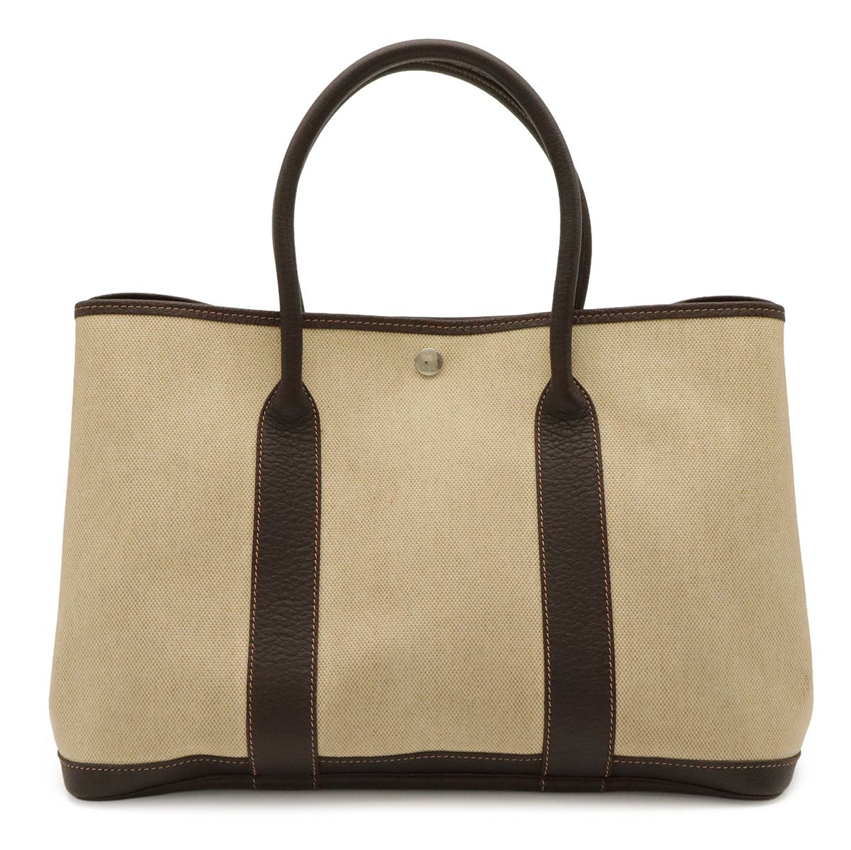 Hermes Garden Party PM Tote Shoulder Bag Toile H Leather Natural Dark Brown