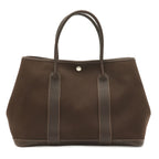 Hermes Garden Party PM Tote Shoulder Bag Toile Officier Leather Dark Brown
