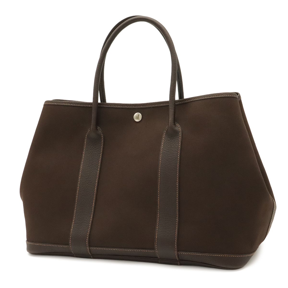 Hermes Garden Party PM Tote Shoulder Bag Toile Officier Leather Dark Brown — view 2