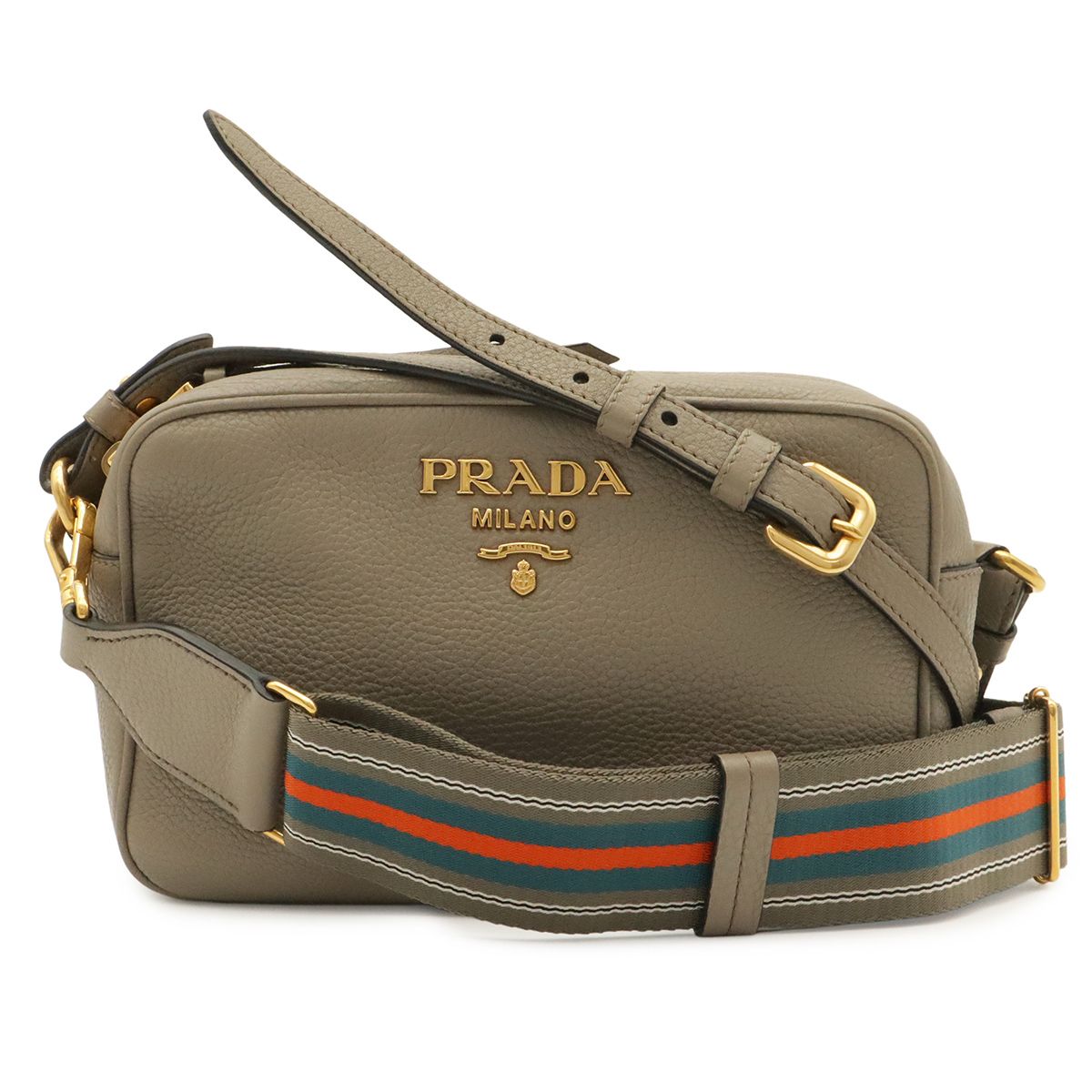 Prada Logo Vitello Daino Shoulder Bag Pochette 2-Way Clutch Striped Leather