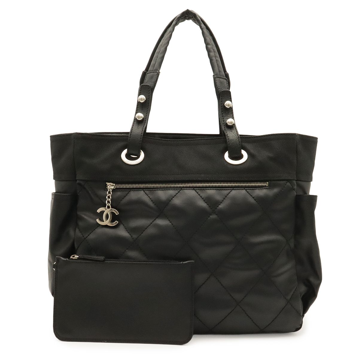 Chanel Paris Biarritz Tote GM Shoulder Bag Black Silver