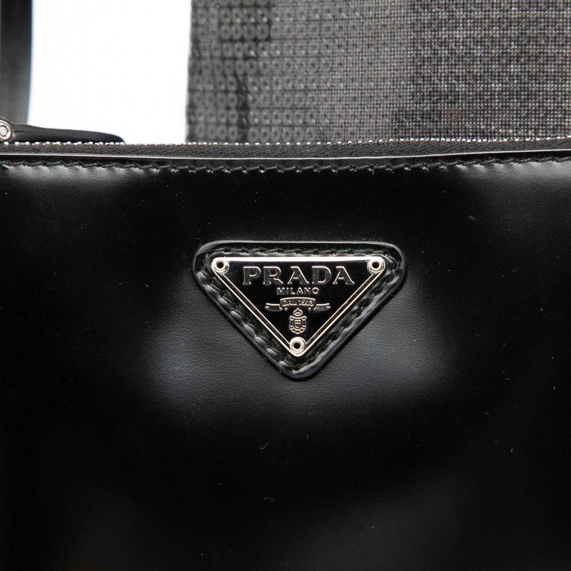 Prada Logo Tote Bag Black Sequin Leather Mesh — view 5