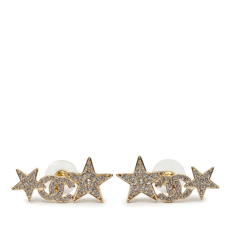 Chanel CC Logo Star Motif Earrings Gold Plated Rhinestone