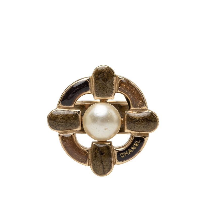 Chanel 07A CC Logo Ring Gold Brown Plated Faux Pearl