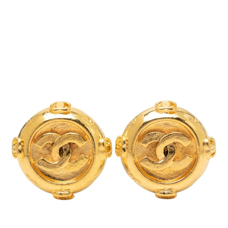 Chanel CC Logo Vintage Round Earrings Gold Plated