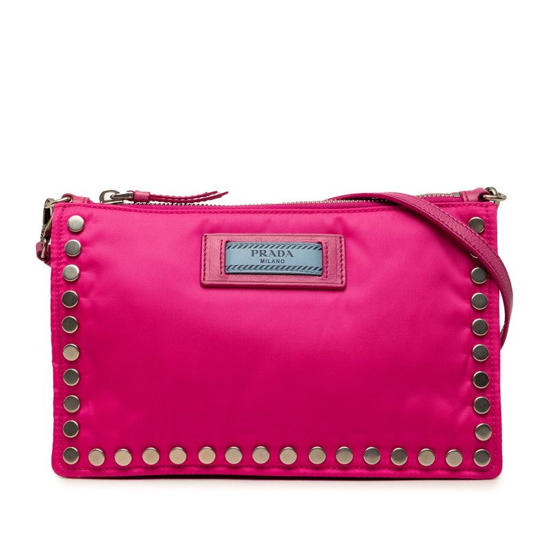 Prada Etiquette Studded Shoulder Bag Pink Nylon Leather