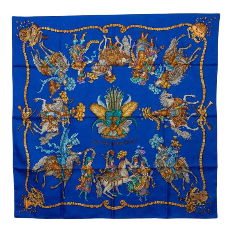Hermes Carre 90 les Fetes du Roi Soleil Celebration of the Sun King Scarf Blue