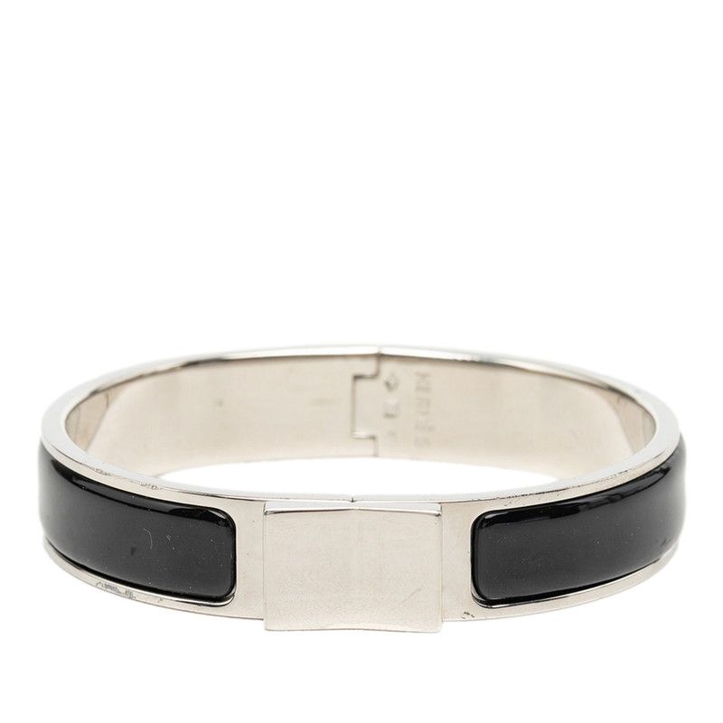 Hermes Clic Loquet Enamel Bracelet Bangle Silver Black Metal
