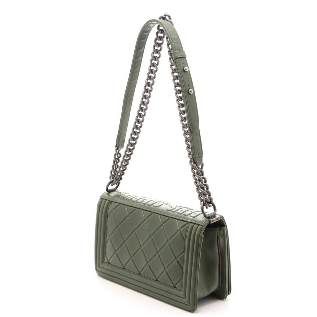 Chanel Boy 25 Quilted Chain Shoulder Green Silver Calfskin Bag — view 2