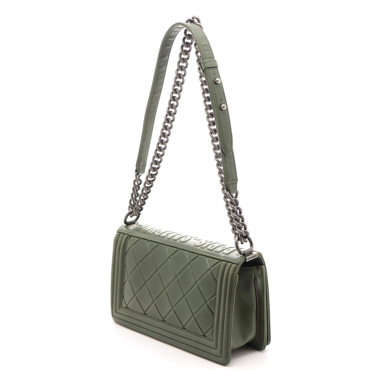 Chanel Boy 25 Quilted Chain Shoulder Green Silver Calfskin Bag — view 2
