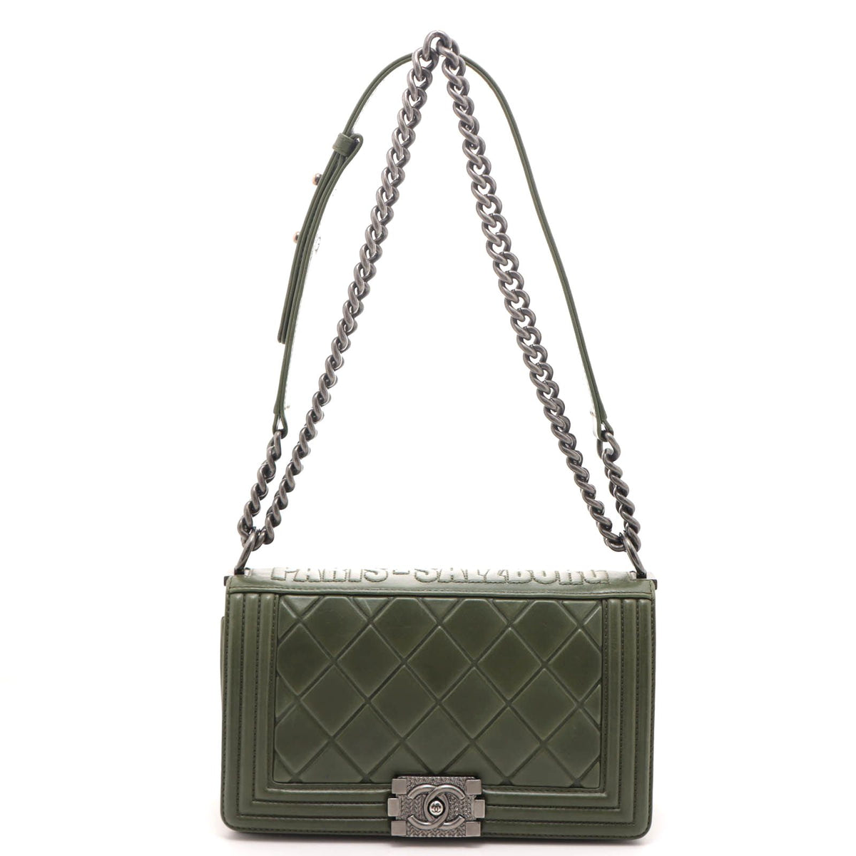 Chanel Boy 25 Quilted Chain Shoulder Green Silver Calfskin Bag