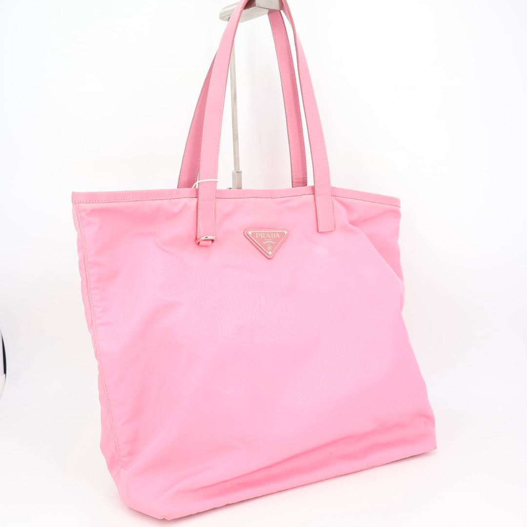 Prada Nylon Tote Bag Partial Leather Big Triangle Plate Pink