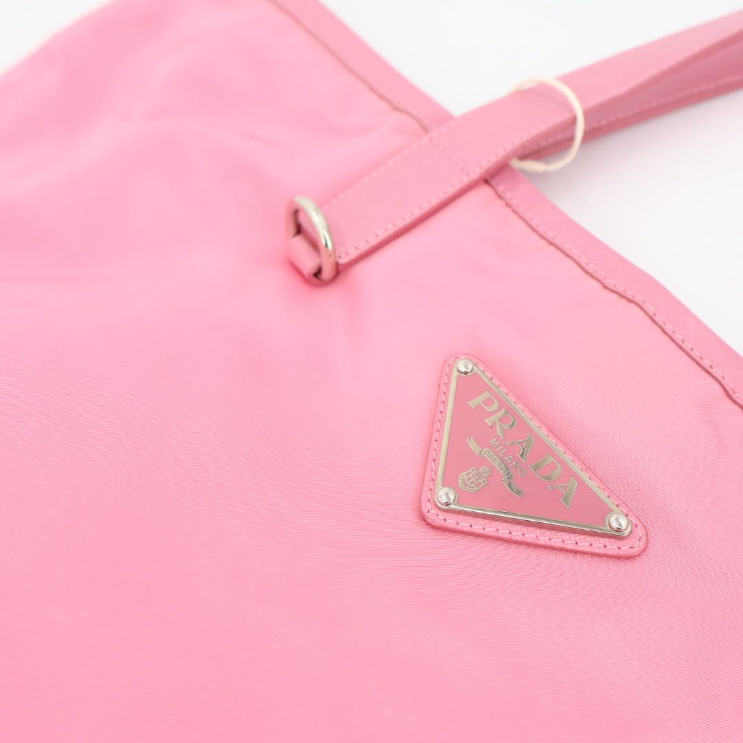 Prada Nylon Tote Bag Partial Leather Big Triangle Plate Pink — view 6