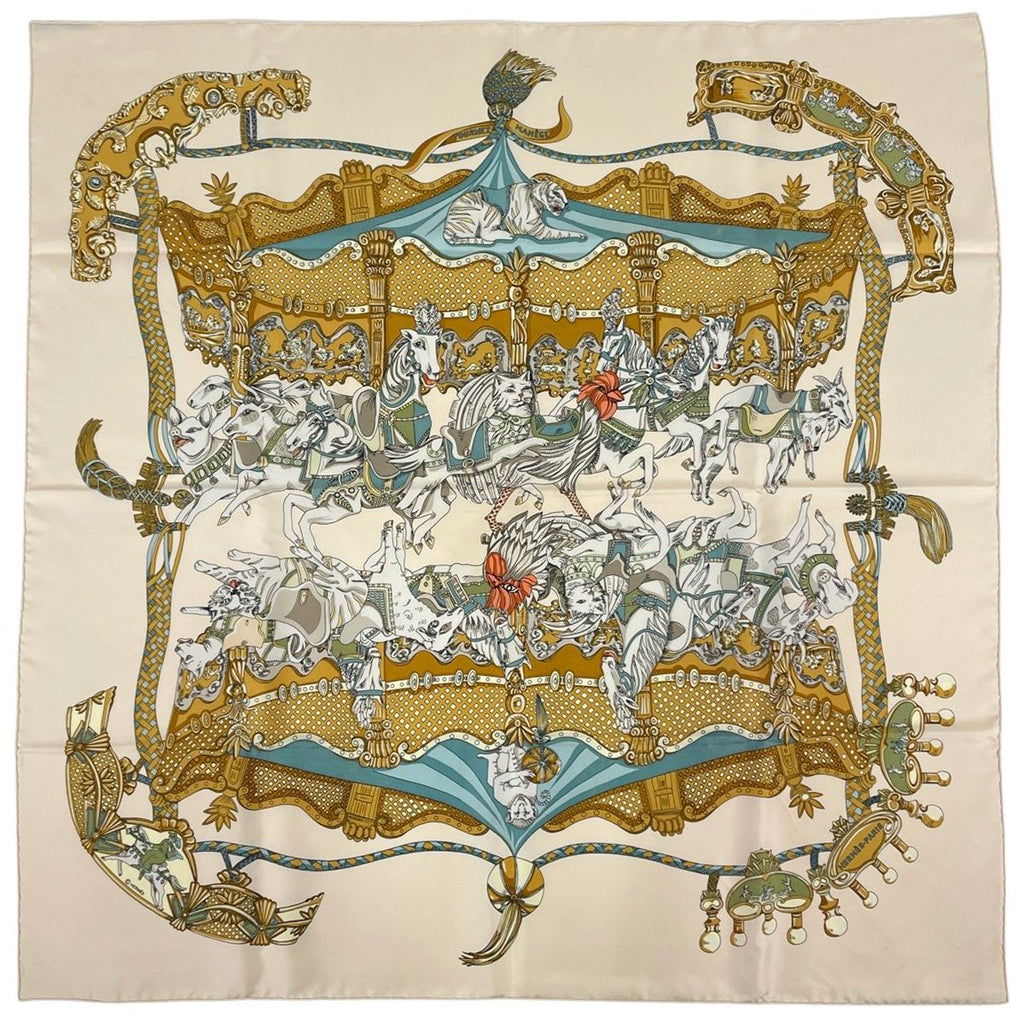 Hermes Carre 90 Tournez Manege Scarf Merry Go Round Silk Beige Multicolor
