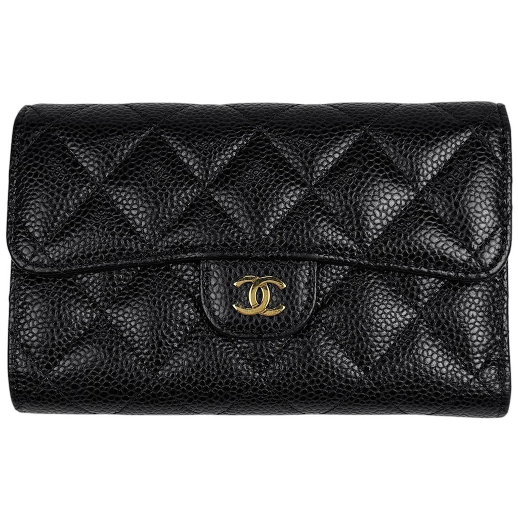 Chanel Trifold Wallet CC Logo Caviar Leather Black