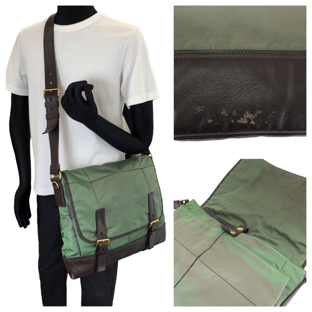 Prada Vintage Tessuto Front Logo Green Dark Brown Gold Nylon Leather Shoulder — view 7
