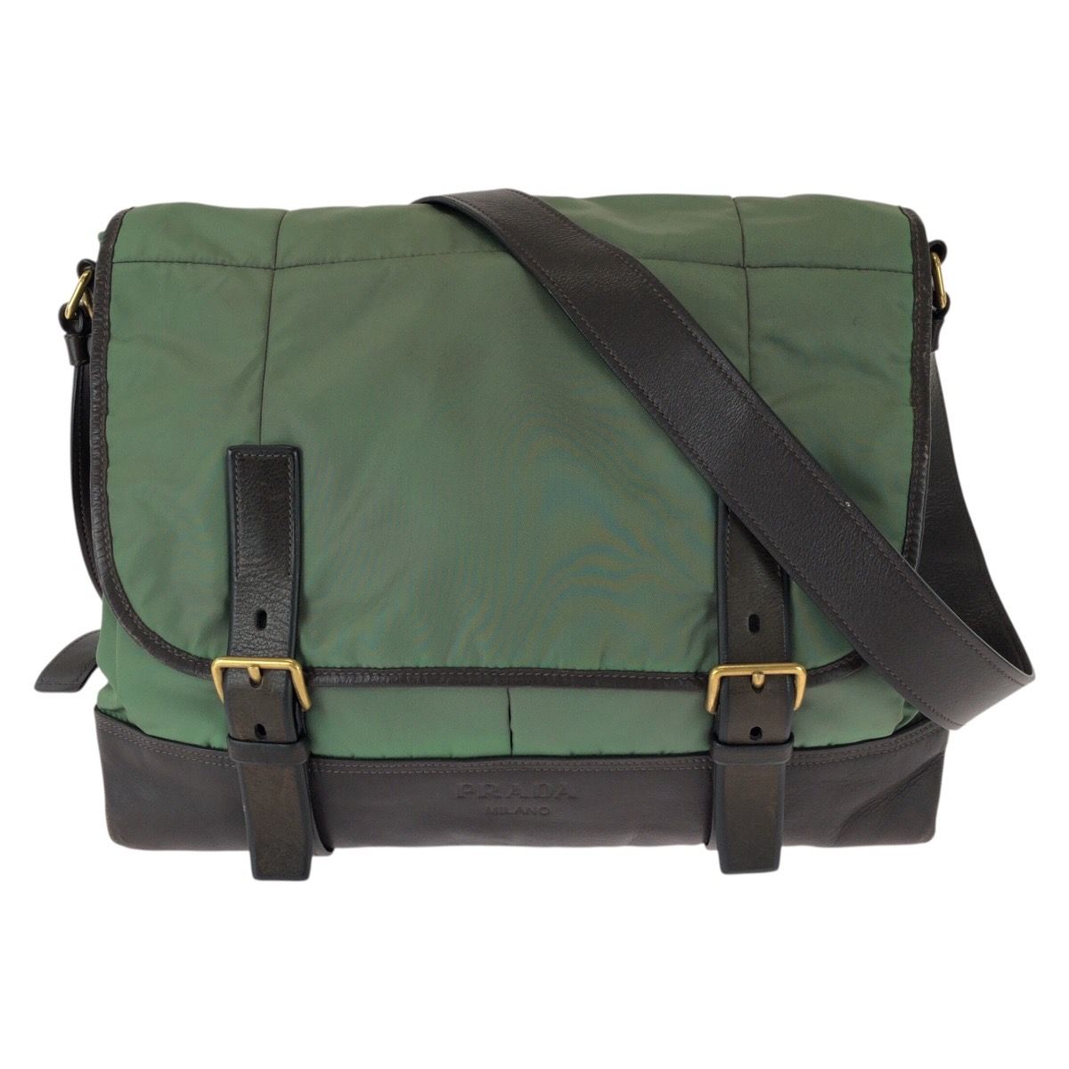 Prada Vintage Tessuto Front Logo Green Dark Brown Gold Nylon Leather Shoulder