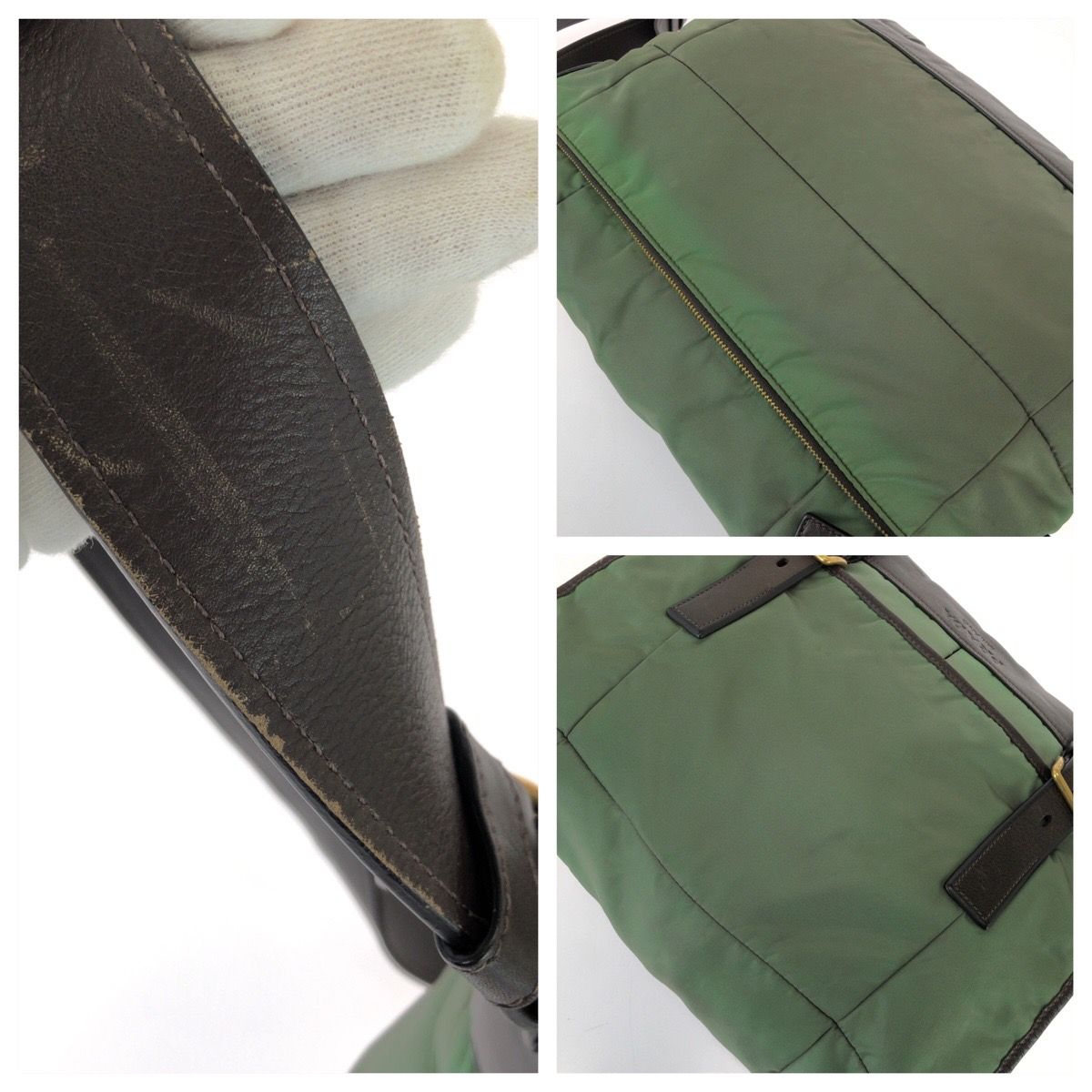 Prada Vintage Tessuto Front Logo Green Dark Brown Gold Nylon Leather Shoulder — view 6