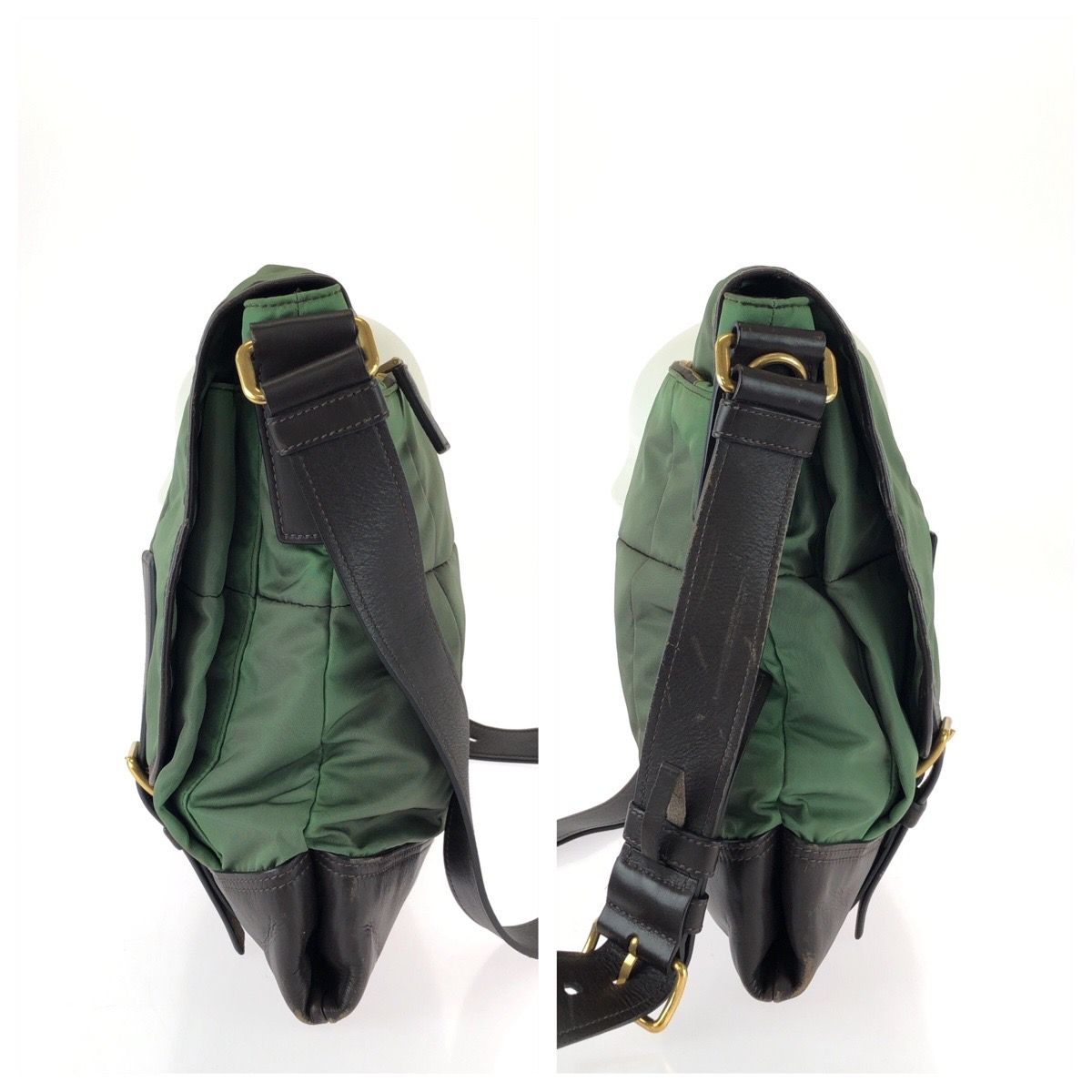 Prada Vintage Tessuto Front Logo Green Dark Brown Gold Nylon Leather Shoulder — view 8