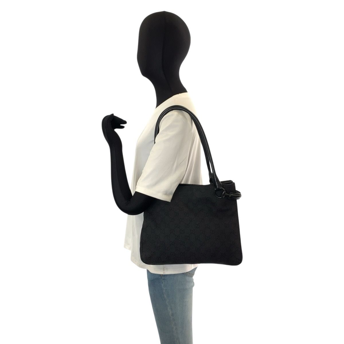 Gucci Black GG Canvas Leather Tote Shoulder Bag — view 7