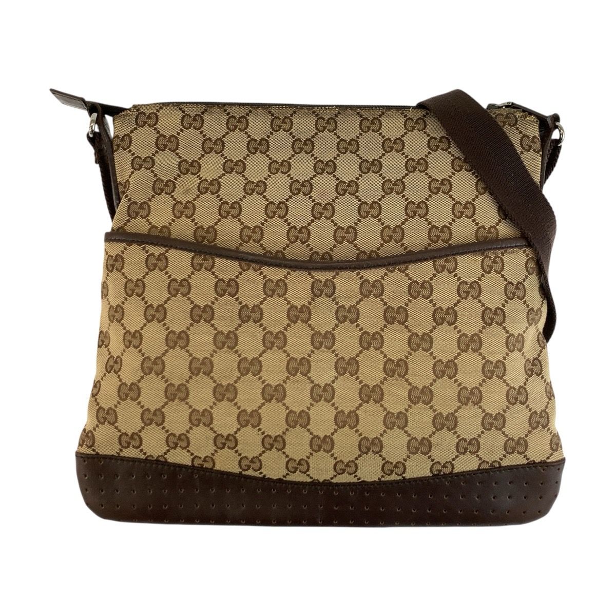 Gucci Beige Brown Silver GG Canvas Leather Shoulder Bag Pochette