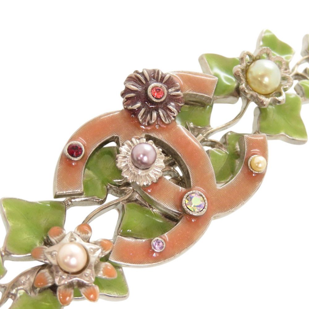 Chanel Vintage CC Logo Ivy Leaf Metal Rhinestone Faux Pearl Green Pink Brooch — view 4