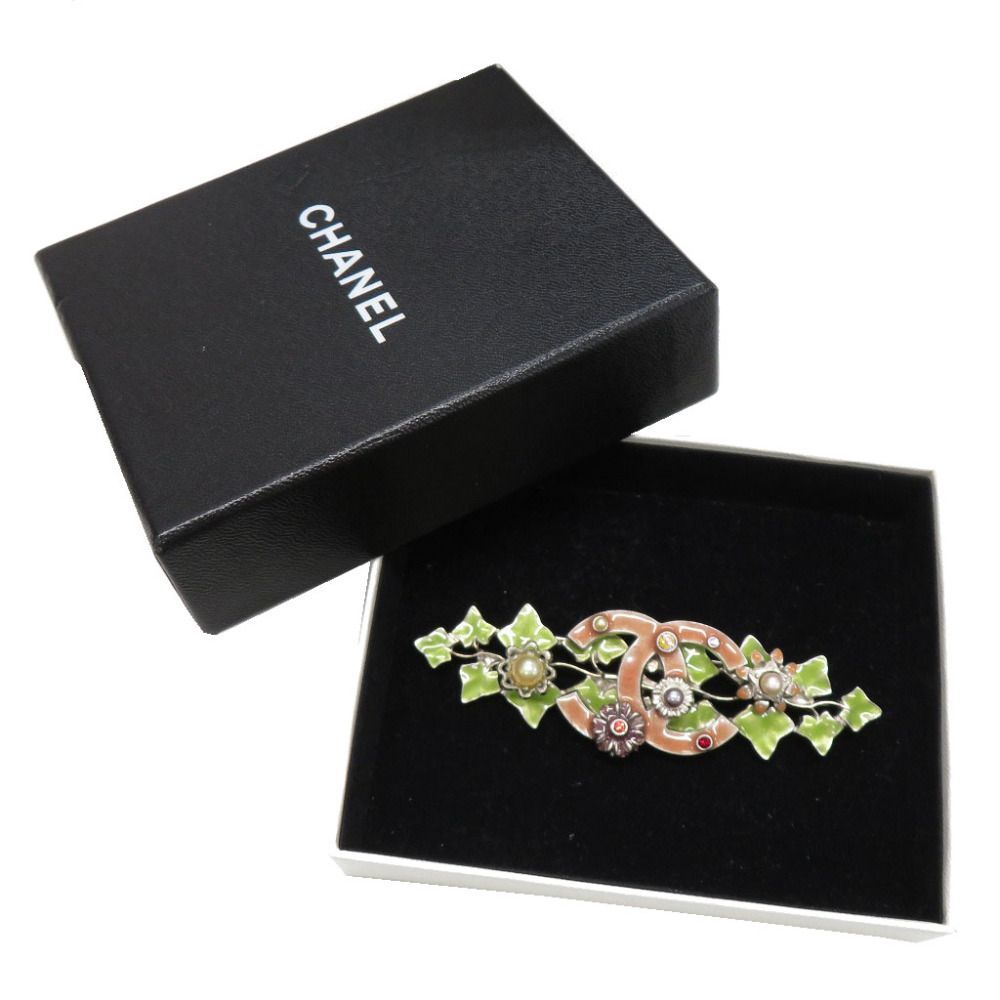 Chanel Vintage CC Logo Ivy Leaf Metal Rhinestone Faux Pearl Green Pink Brooch — view 2