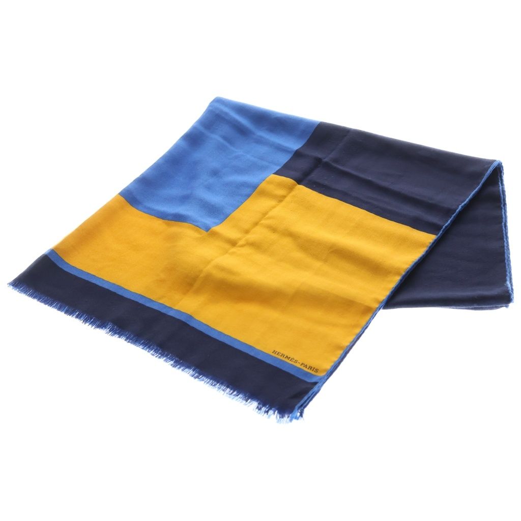 Hermes Silk Cashmere Shawl Scarf Yellow Blue
