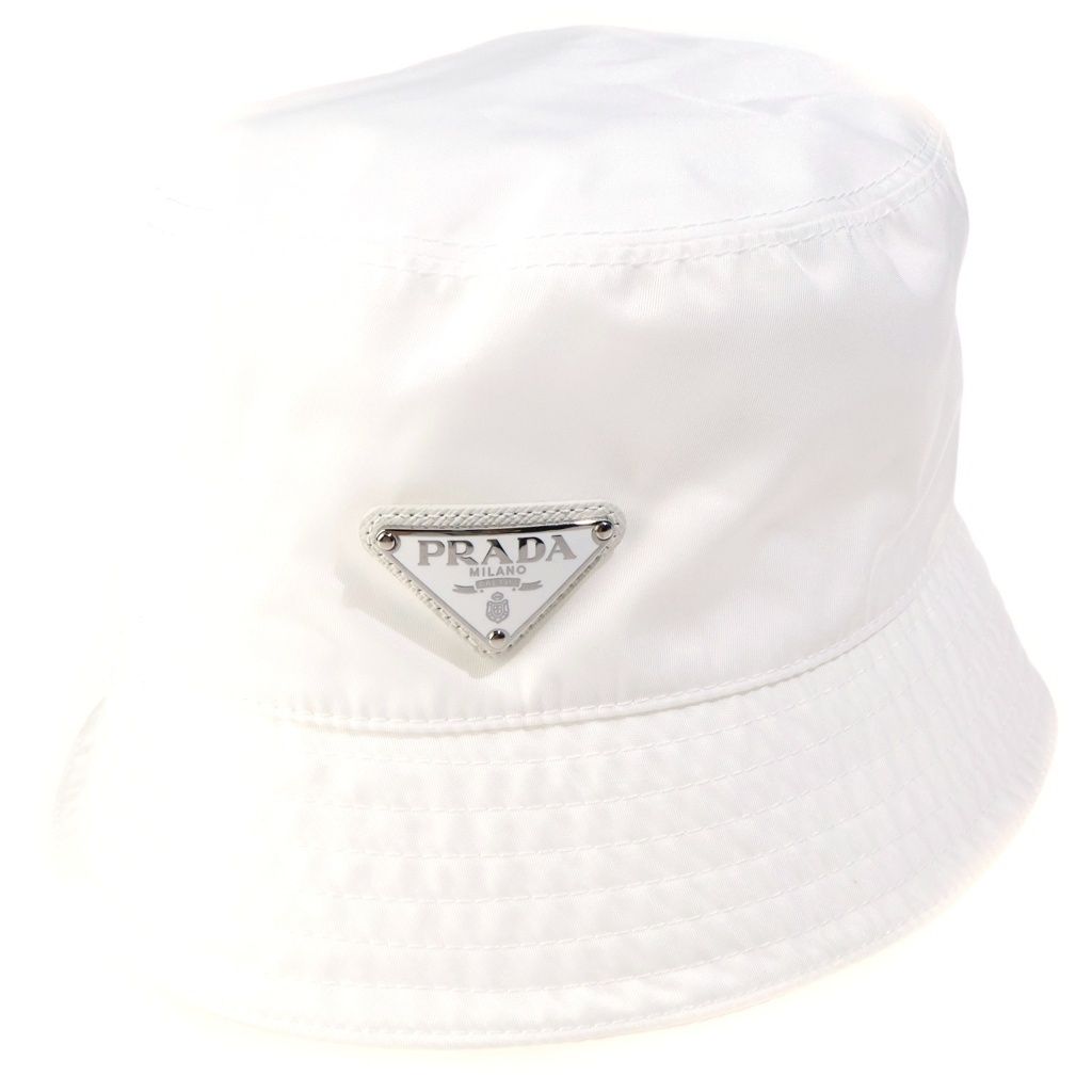 Prada Bucket Hat Re-Nylon Triangle Logo Hat White Nylon