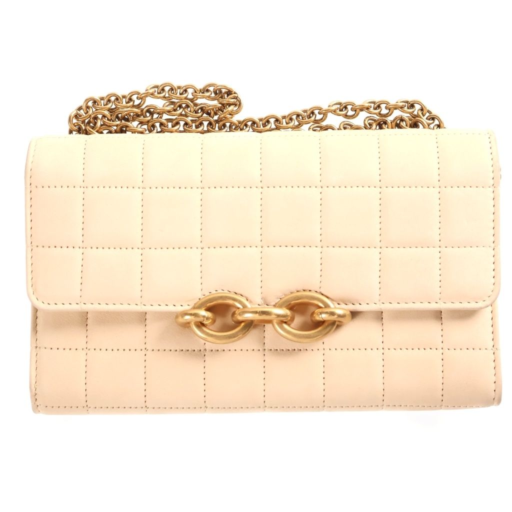 Saint Laurent Paris Le Maillon Chain Wallet Shoulder Bag Quilted Beige