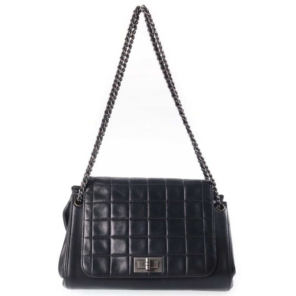 Chanel Choco Bar 2.55 Chain Shoulder Bag Lambskin Black Silver