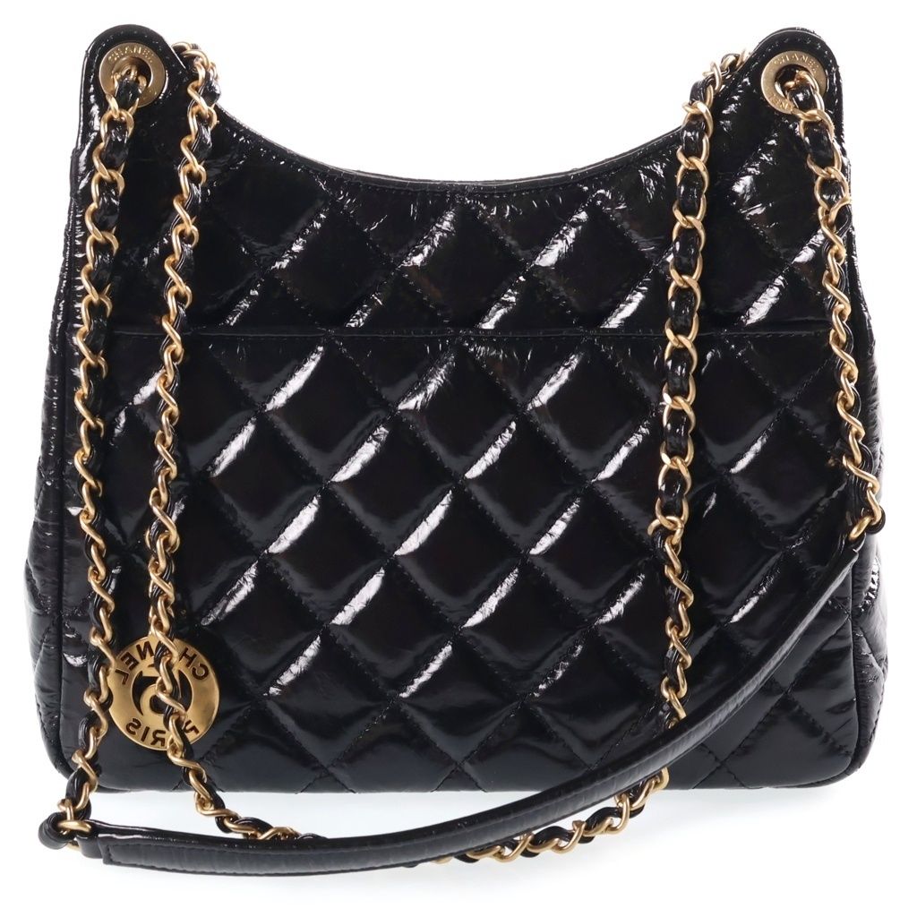 Chanel Hobo Quilted Chain Shoulder Bag Black Shiny Calfskin Gold — view 2