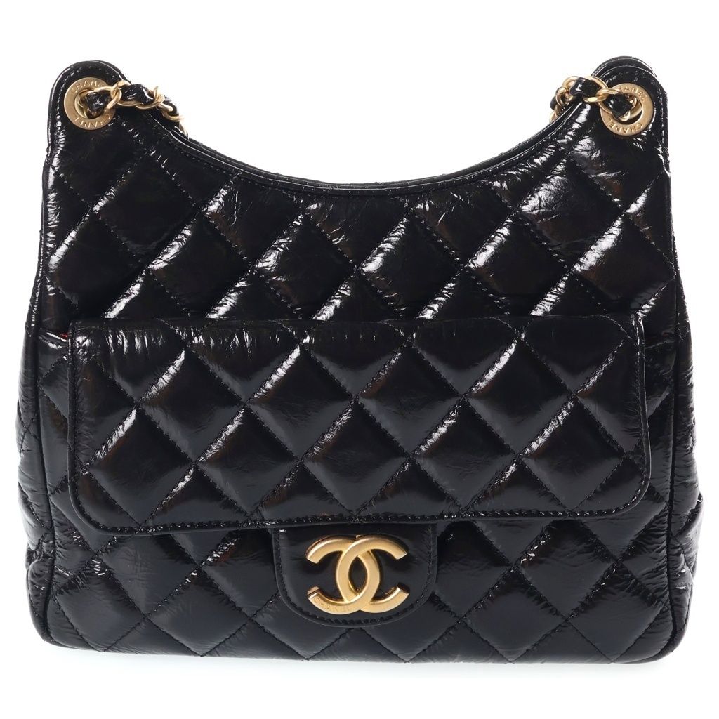 Chanel Hobo Quilted Chain Shoulder Bag Black Shiny Calfskin Gold