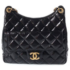 Chanel Hobo Quilted Chain Shoulder Bag Black Shiny Calfskin Gold