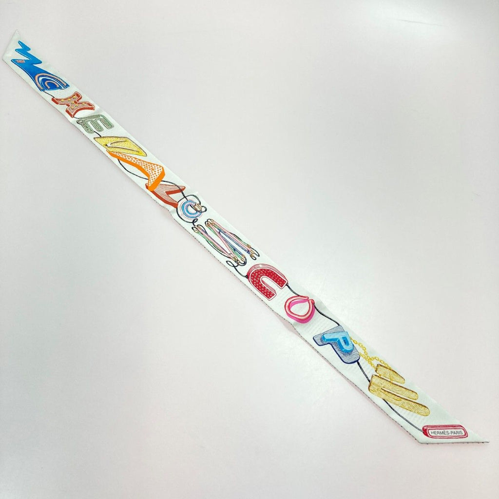 Hermes Twilly Chevalo Scope Neon White Multicolor Silk 100% Scarf — view 2