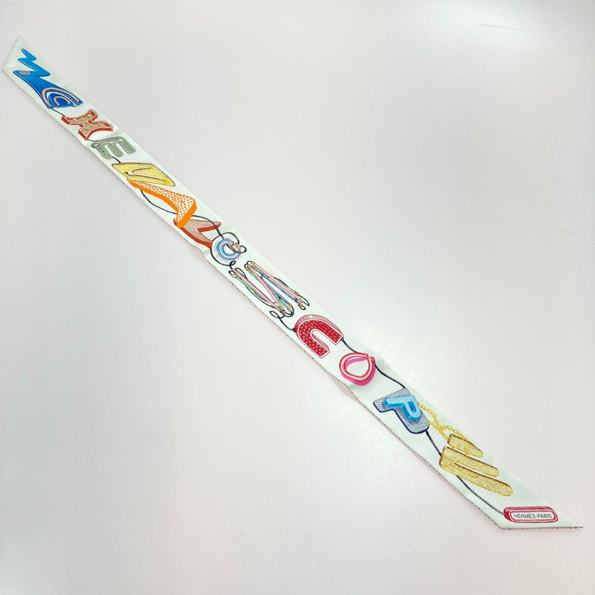 Hermes Twilly Chevalo Scope Neon White Multicolor Silk 100% Scarf — view 2
