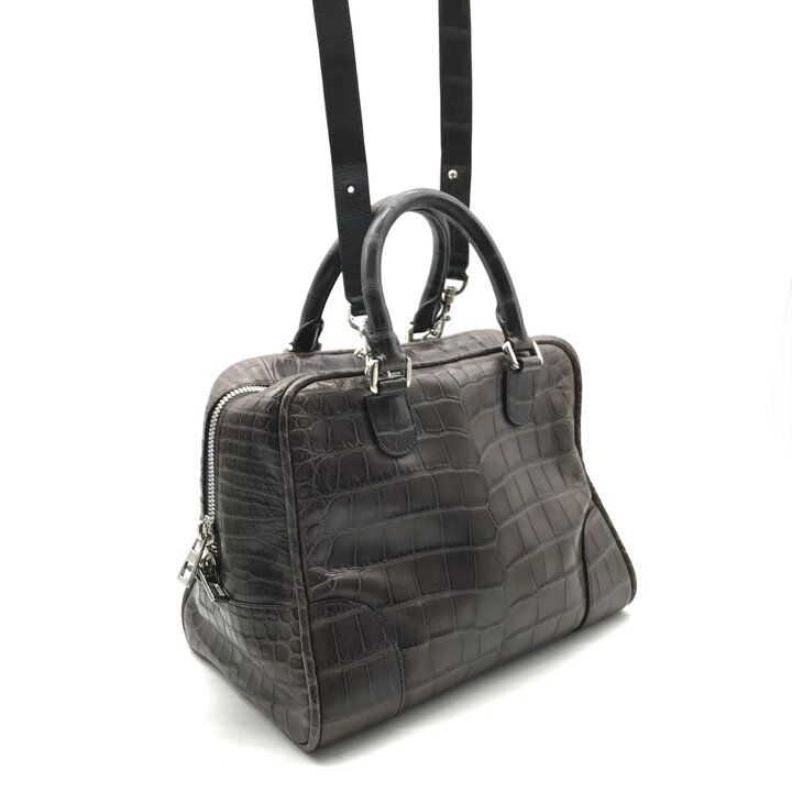 Loewe 2-Way Hand Mini Boston Shoulder Bag Amazona Croco Embossed Brown — view 2