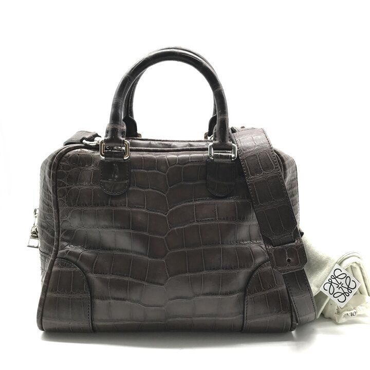 Loewe 2-Way Hand Mini Boston Shoulder Bag Amazona Croco Embossed Brown