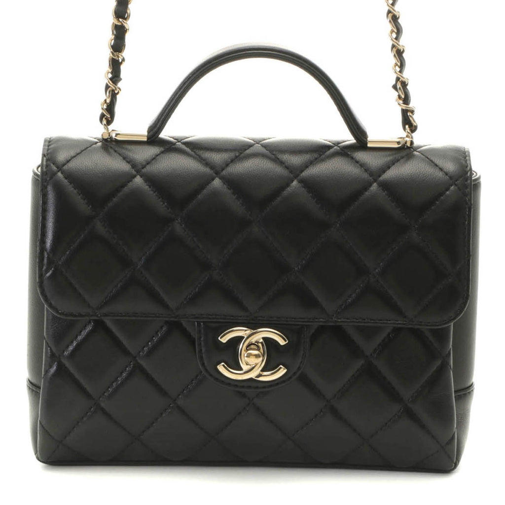Chanel Quilted Top Handle Chain Shoulder Handbag Lambskin Black Random Stamp