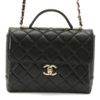 Chanel Quilted Top Handle Chain Shoulder Handbag Lambskin Black Random Stamp