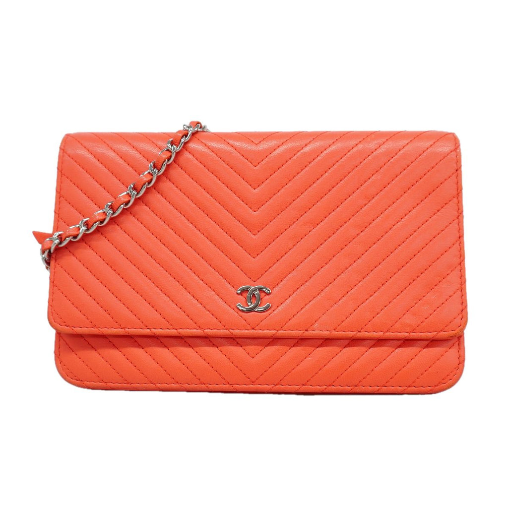 Chanel Wallet on Chain V-stitch Lambskin Orange Silver Shoulder Bag